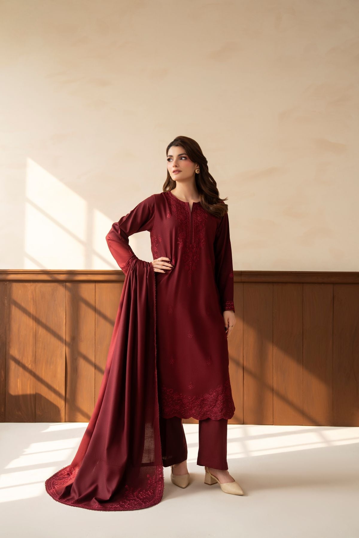 Gulnaar – deep maroon embroidered 3-piece suit | Samara Collection