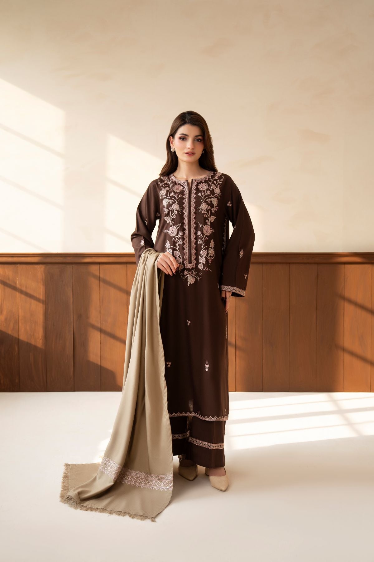 Inaya – chocolate brown embroidered 3-piece suit | Samara Collection