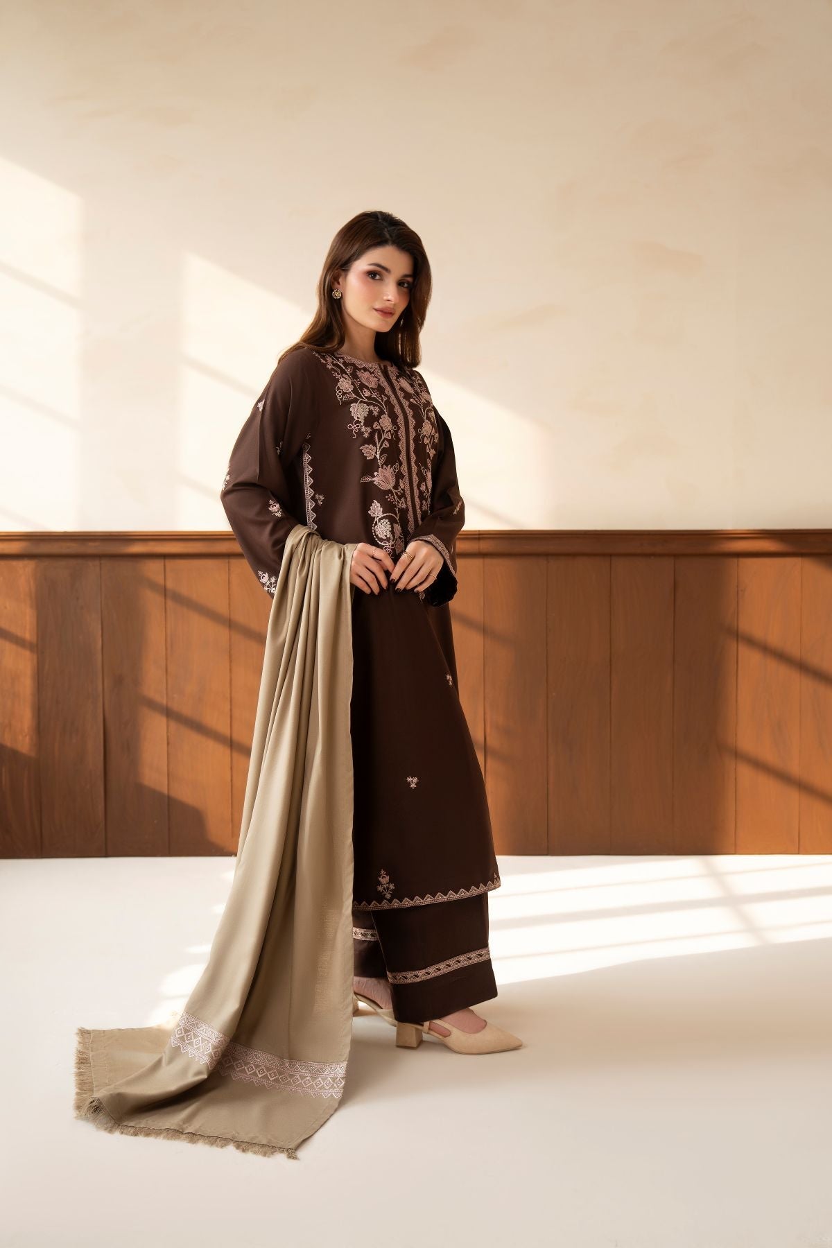 Inaya – chocolate brown embroidered 3-piece suit | Samara Collection