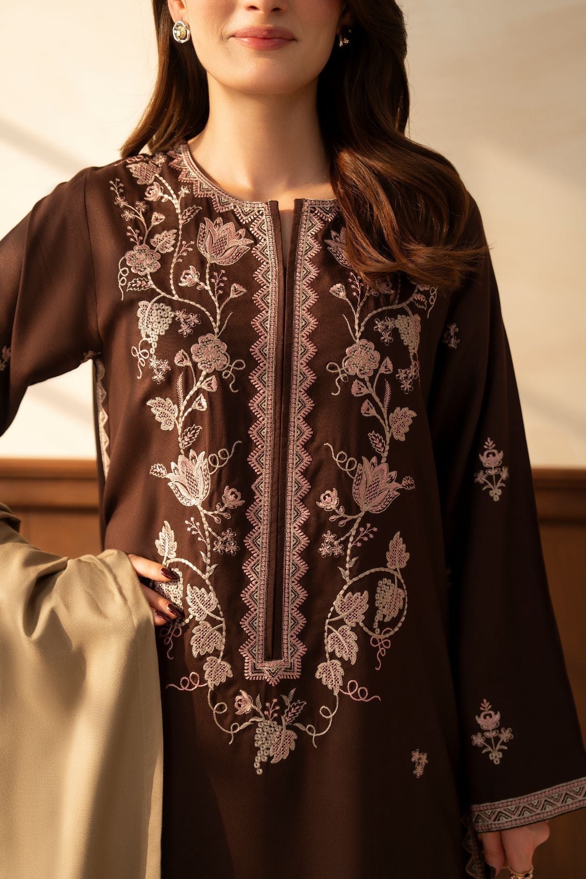 Inaya – chocolate brown embroidered 3-piece suit | Samara Collection