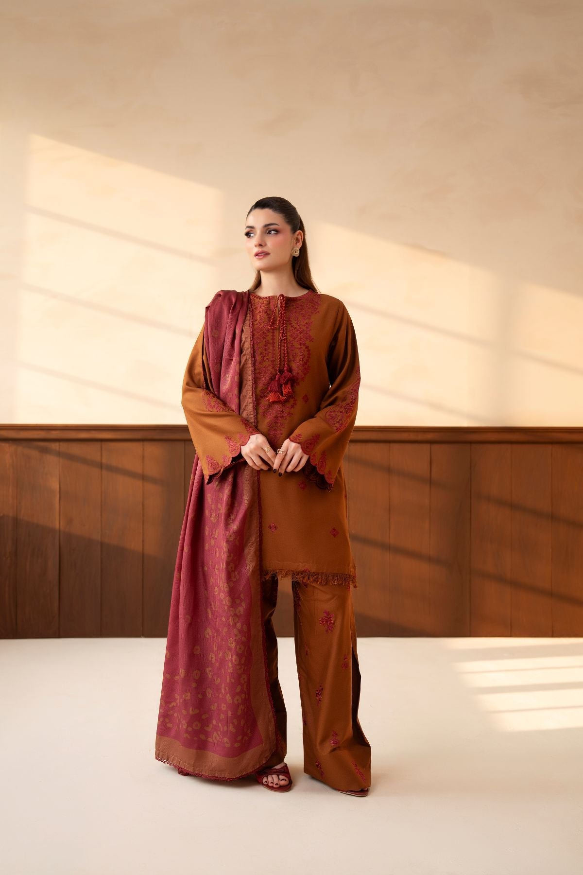 Mishal – rust-brown 3-piece suit with farshi shalwar | Samara Collection