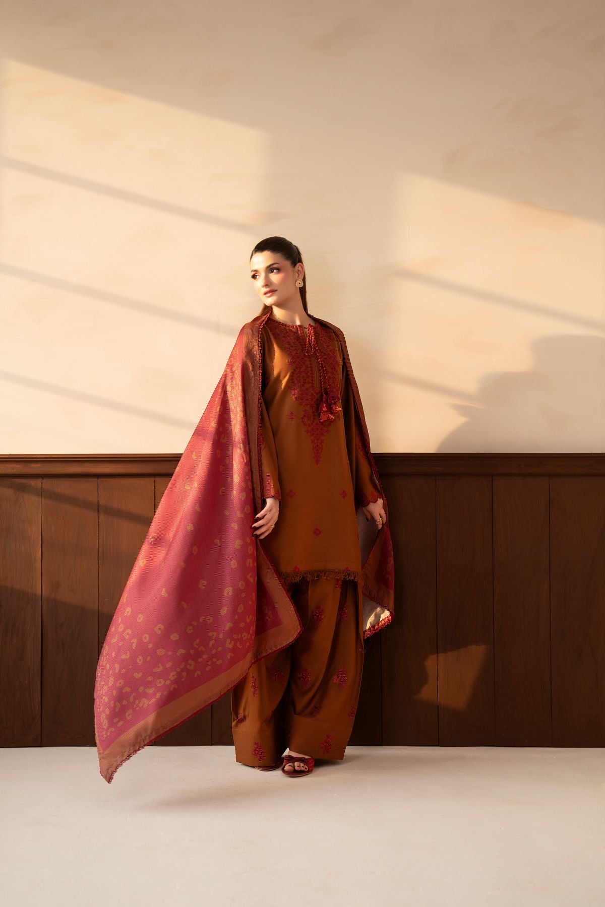 Mishal – rust-brown 3-piece suit with farshi shalwar | Samara Collection