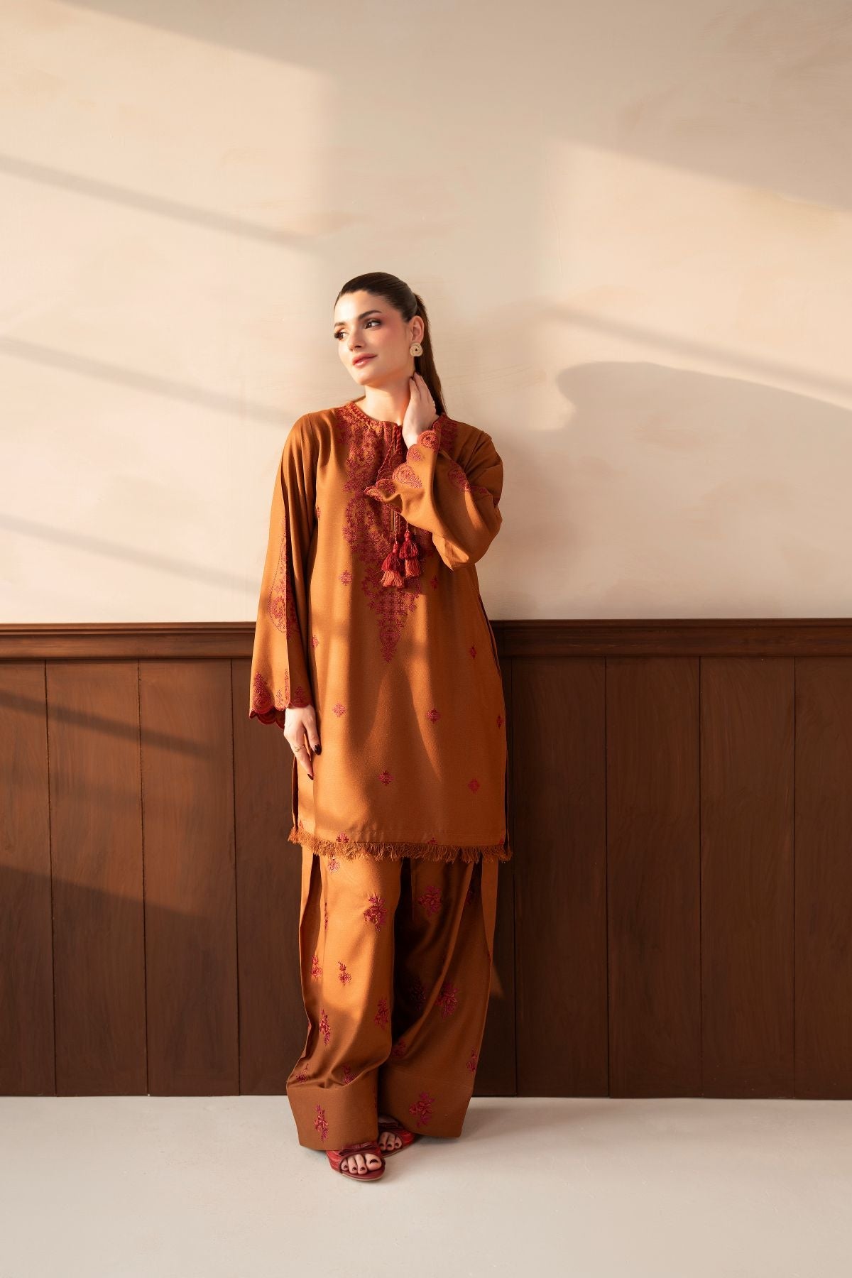 Mishal – rust-brown 3-piece suit with farshi shalwar | Samara Collection