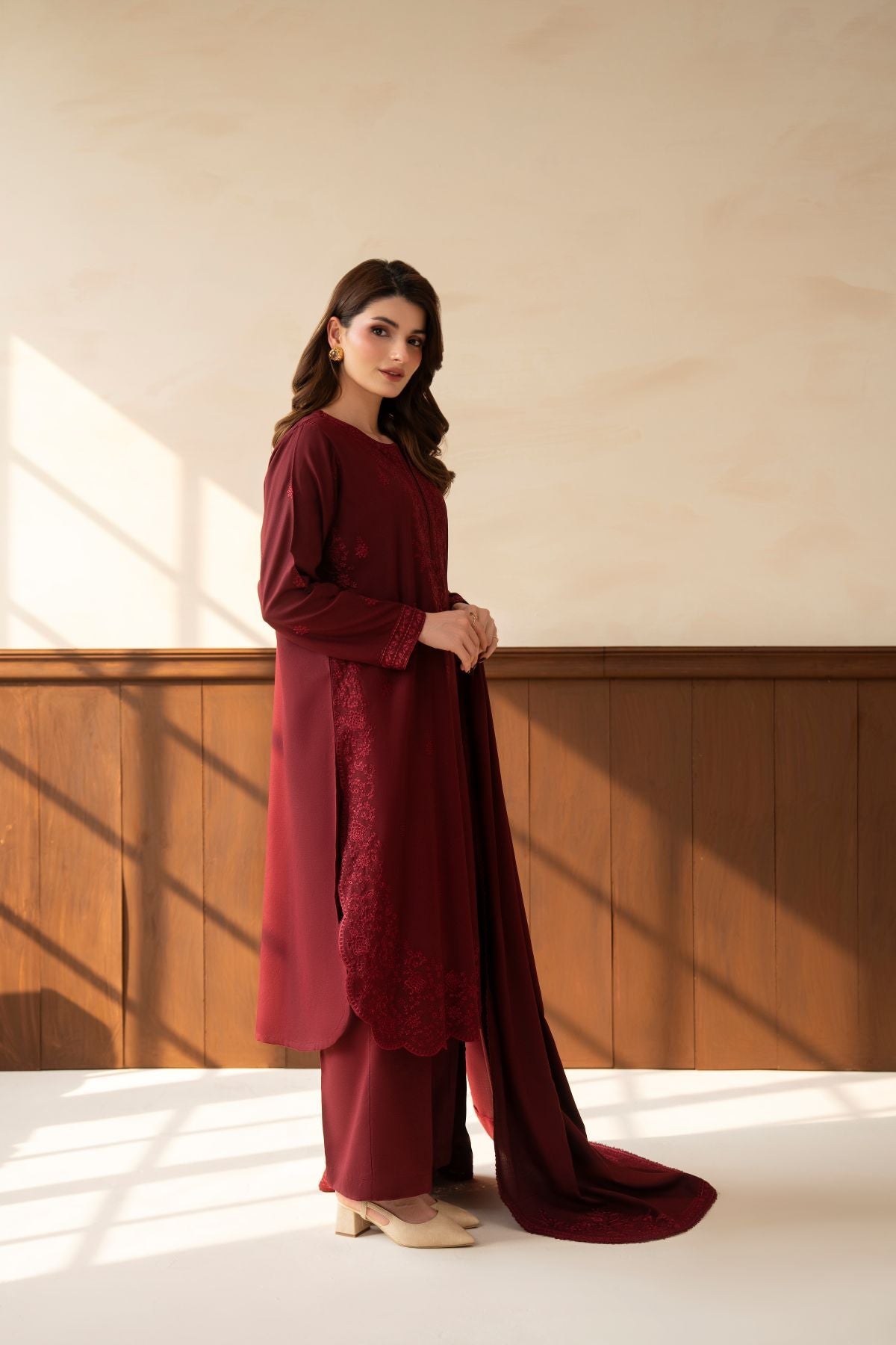 Gulnaar – deep maroon embroidered 3-piece suit | Samara Collection