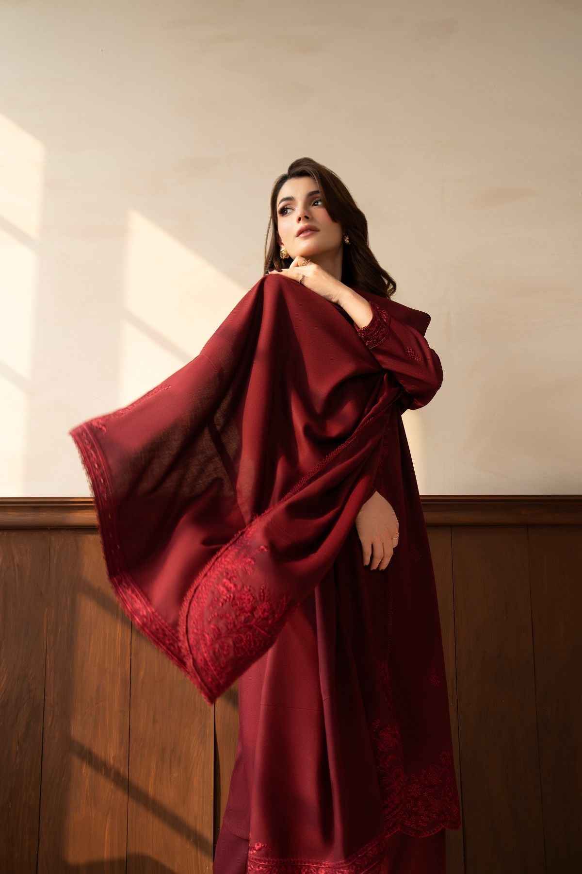 Gulnaar – deep maroon embroidered 3-piece suit | Samara Collection