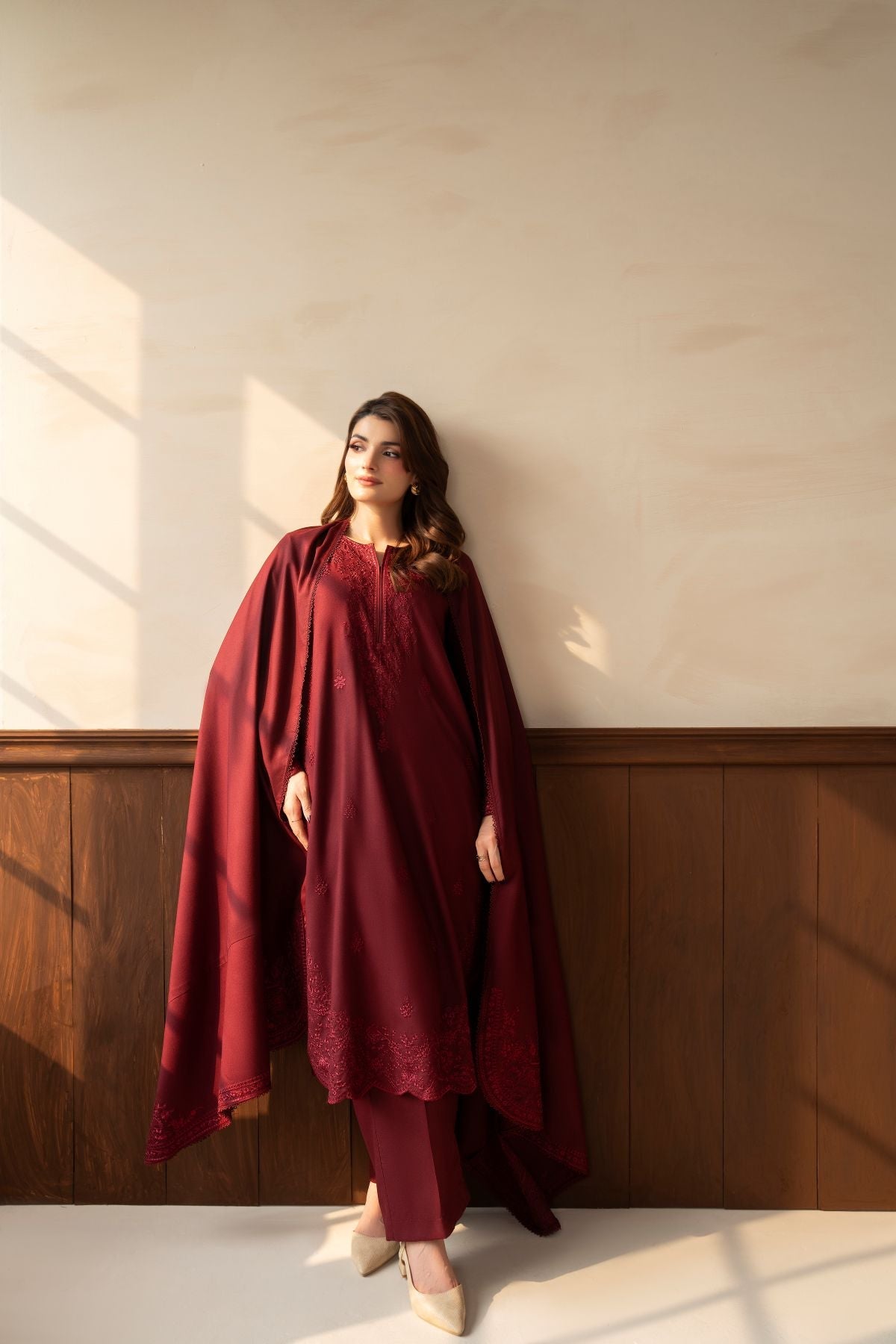 Gulnaar – deep maroon embroidered 3-piece suit | Samara Collection