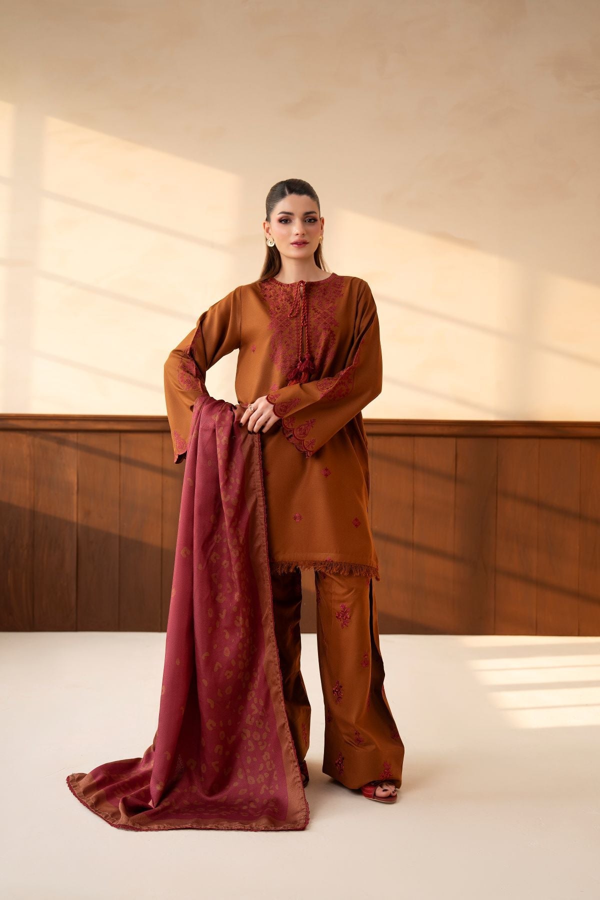 Mishal – rust-brown 3-piece suit with farshi shalwar | Samara Collection