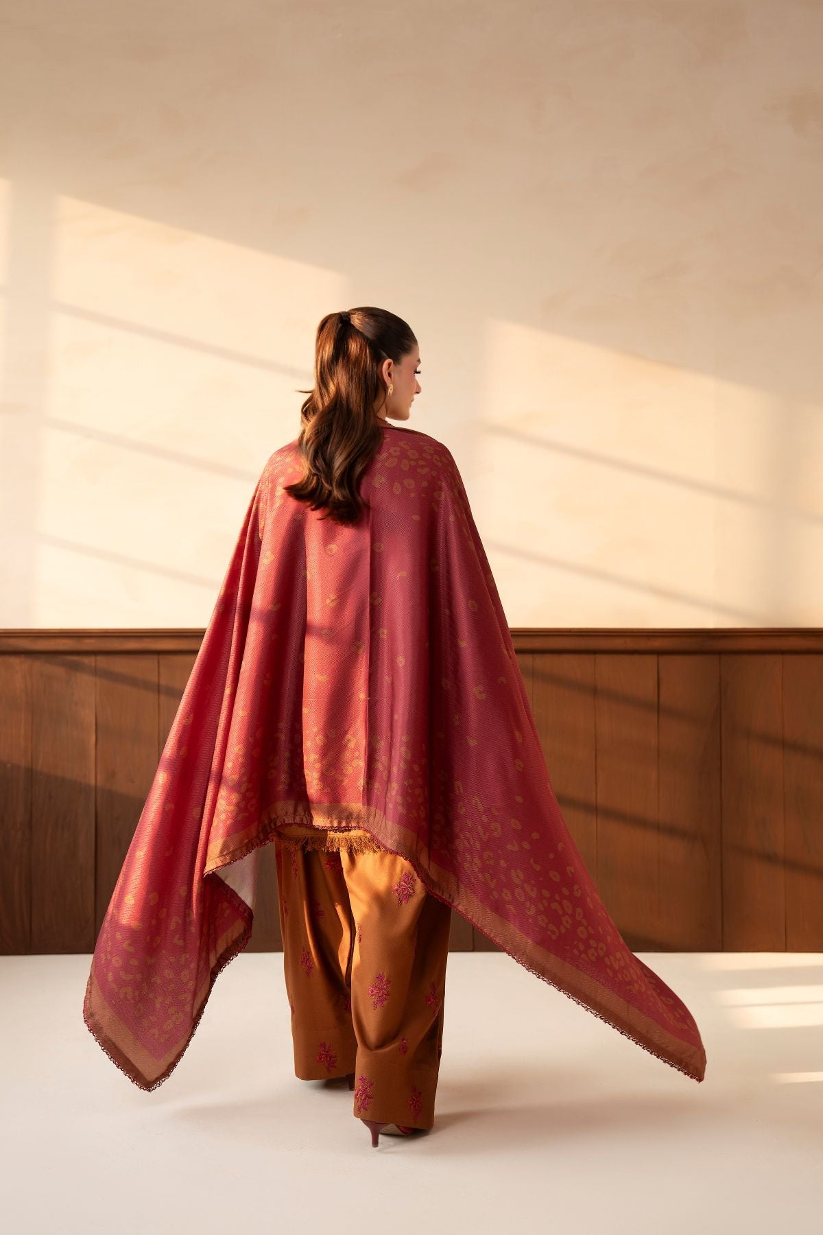 Mishal – rust-brown 3-piece suit with farshi shalwar | Samara Collection