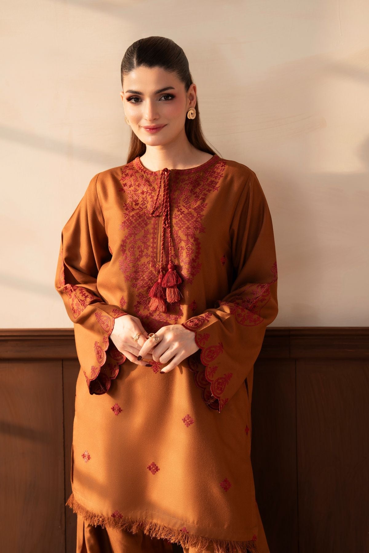 Mishal – rust-brown 3-piece suit with farshi shalwar | Samara Collection