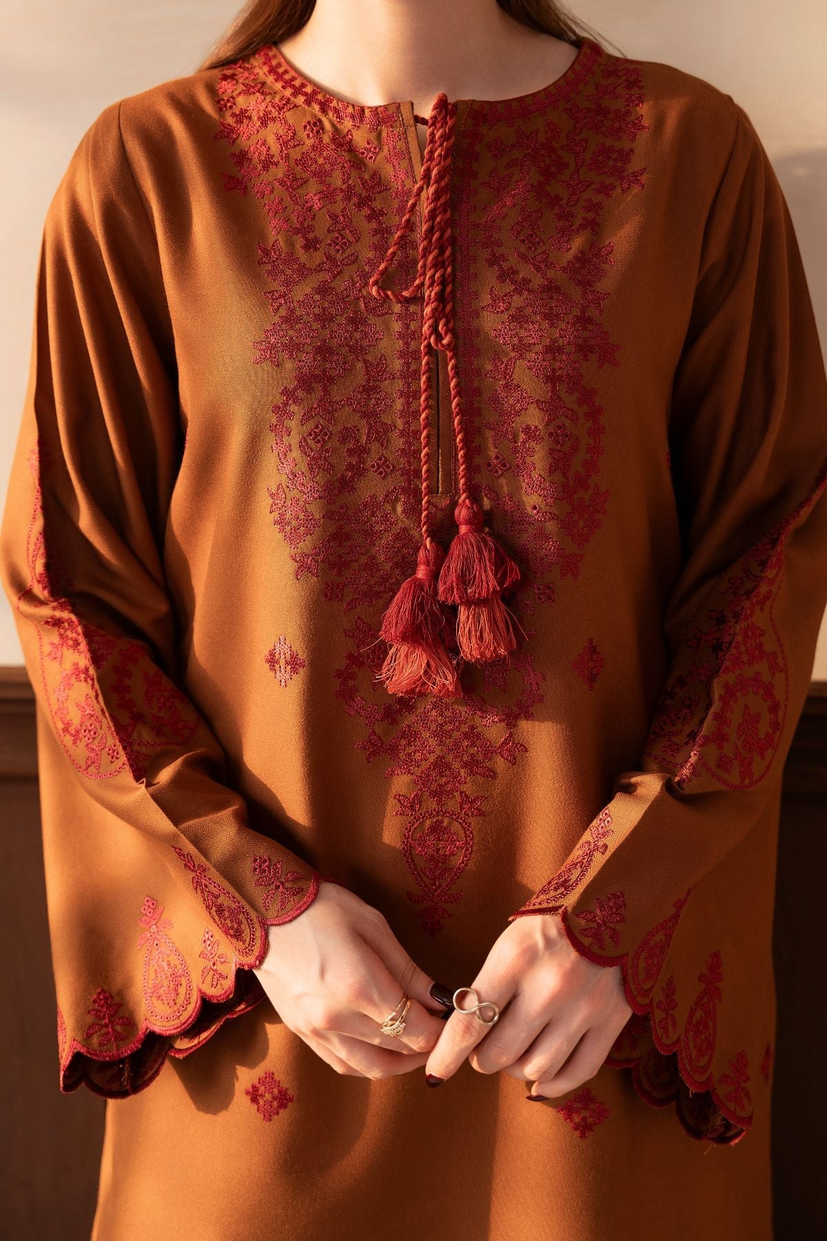 Mishal – rust-brown 3-piece suit with farshi shalwar | Samara Collection