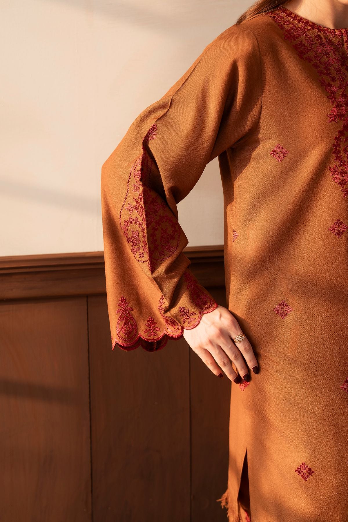 Mishal – rust-brown 3-piece suit with farshi shalwar | Samara Collection