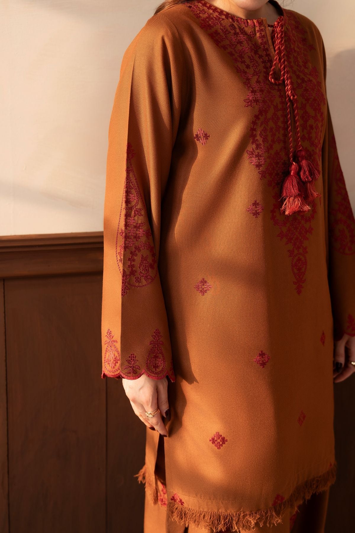 Mishal – rust-brown 3-piece suit with farshi shalwar | Samara Collection